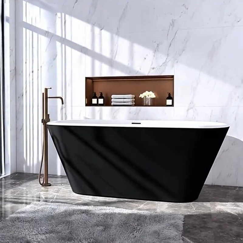 Océan Baignoire îlot Noir Mat et Blanc 1600x730x600mm, Style Léger-Luxe Italien avec Vidage Trop-Plein
