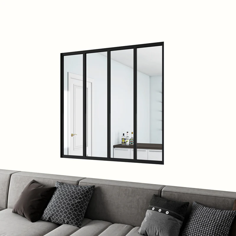 Cloison vitrée intérieure 123x108cm : cadre en aluminium noir mat, 4 carreaux fixes et kit de vitrage