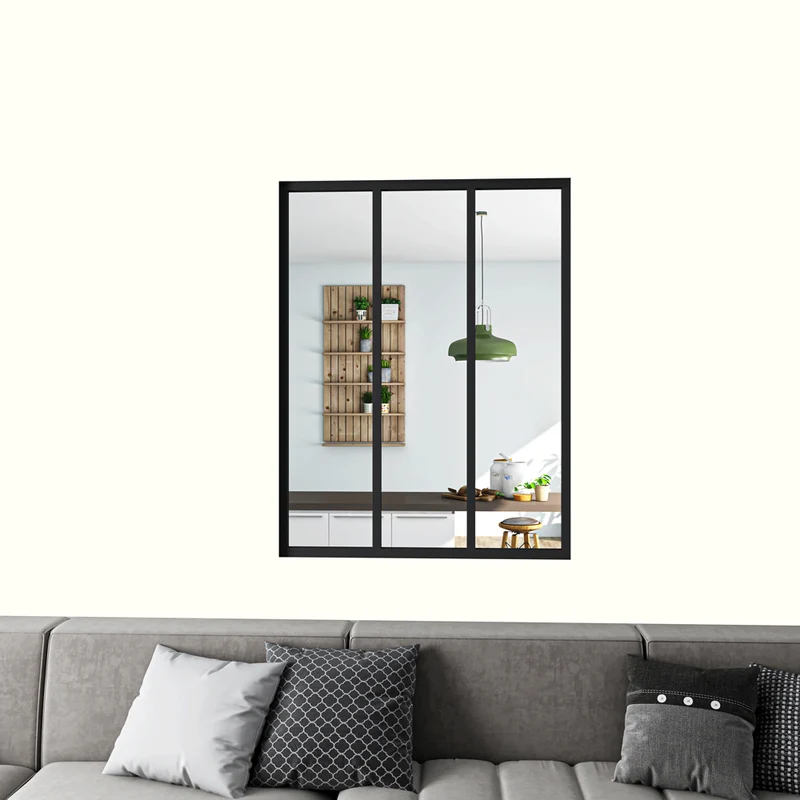 Cloison vitrée Intérieur 93x108cm - aluminium noir mat - Cadre aluminium noir mat - 3 carreaux fixes - Kit de montage