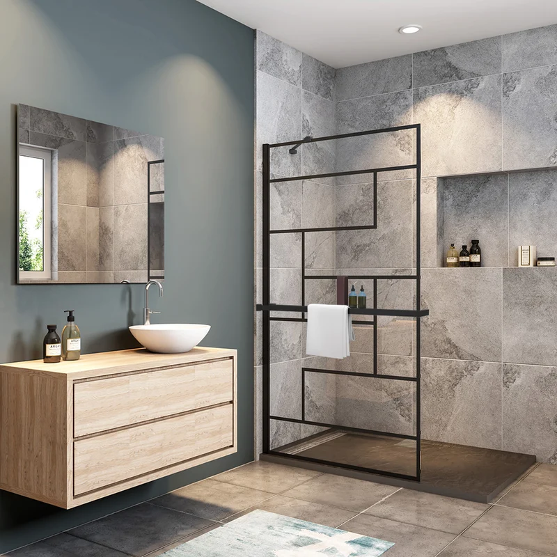Océan paroi de douche noire 70-100x200cm sérigraphie noire en verre anticalcaire livrée avec porte-serviette et tablette et une barre standard 45cm