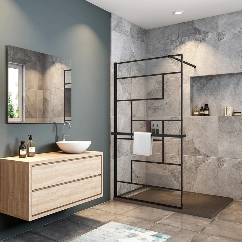 Océan paroi de douche noire 80-140x200cm sérigraphie noire en verre anticalcaire livré avec porte-serviette et tablette et barre extensible 73-120cm