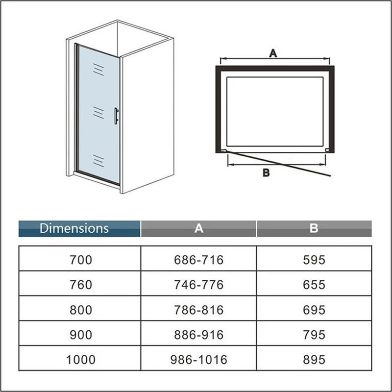 Porte de douche hauteur 180cm profil chromé, porte de douche pivotante 70-100 x180cm verre anti-calcaire, Océan
