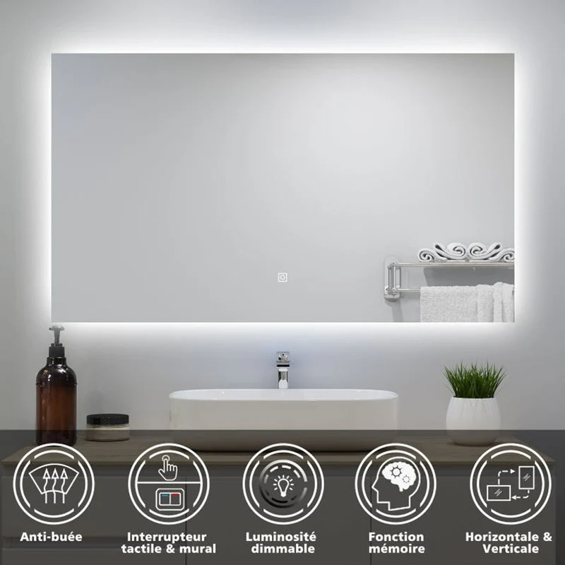 Miroir lumineux 100x60cm avec Anti-buée + Dimmable, Mural Miroir salle de bain