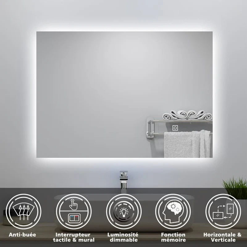 Miroir lumineux 70x50cm avec Anti-buée + Dimmable, Mural Miroir salle de bain