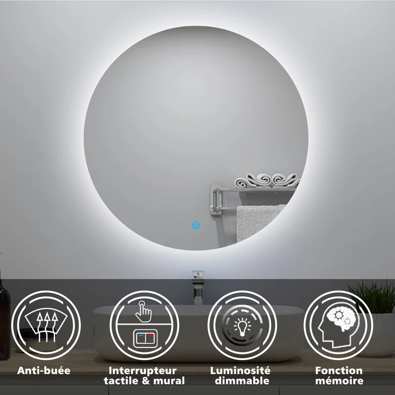 Miroir lumineux rond avec Anti-buée et Dimmable, Mural Miroir salle de bain