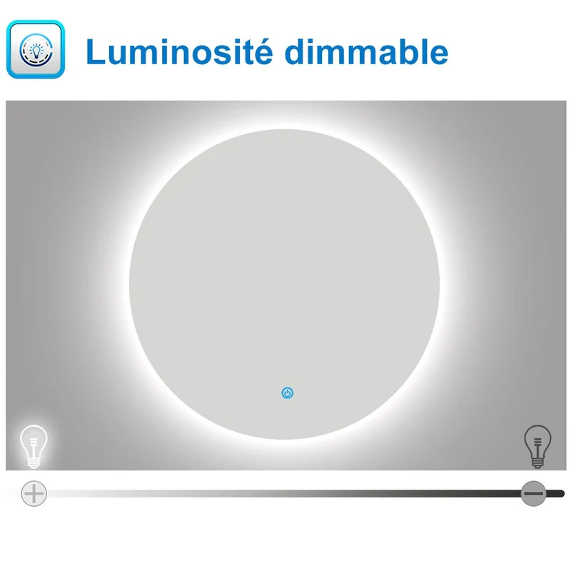 Miroir lumineux rond avec Anti-buée et Dimmable, Mural Miroir salle de bain