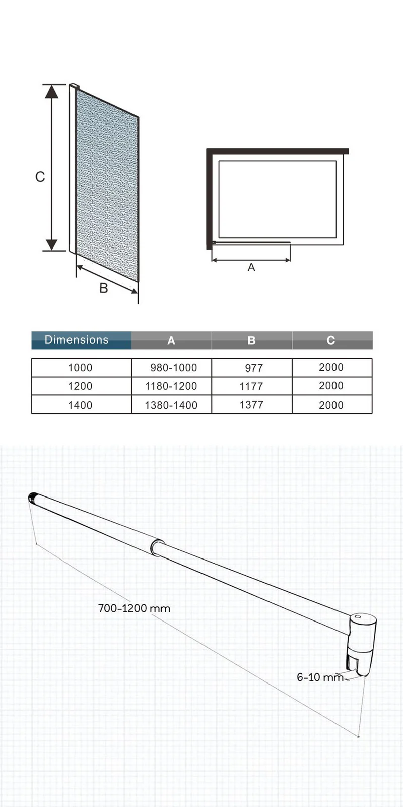 Paroi de douche à l'italienne en verre 8mm de sécurité sablé, Océan paroi de douche 100 - 140 x 200cm avec une barre de stabilisation ronde extensible