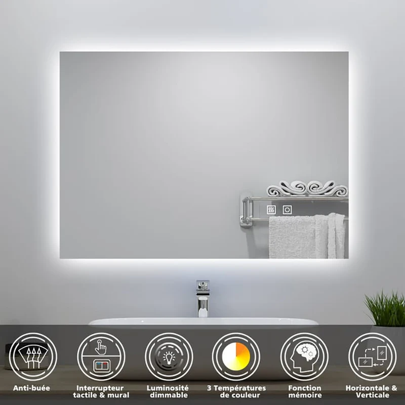 Miroir lumineux avec Anti-buée + 3 Couleurs + Dimmable, Mural Miroir salle de bain