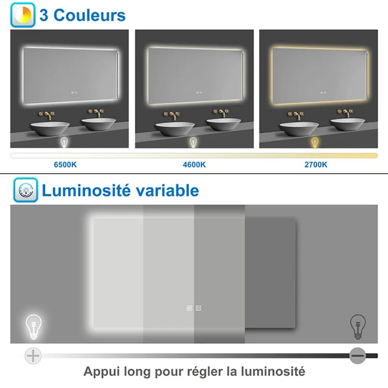 Miroir lumineux avec Anti-buée + 3 Couleurs + Dimmable, Mural Miroir salle de bain
