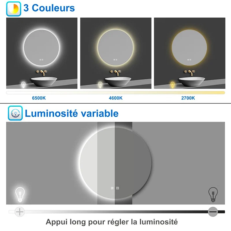 Miroir lumineux rond 70-100cm avec Anti-buée + 3 Couleurs + Dimmable, Mural Miroir salle de bain