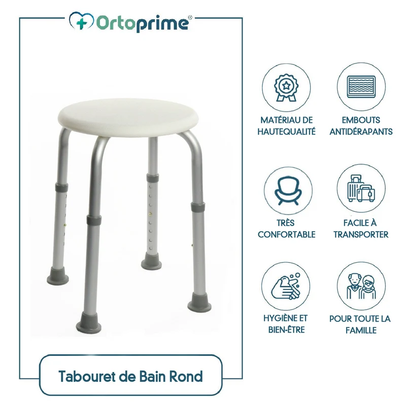 Pack Tabouret de Bain Rond + Poignée de Douche à Système de Succion