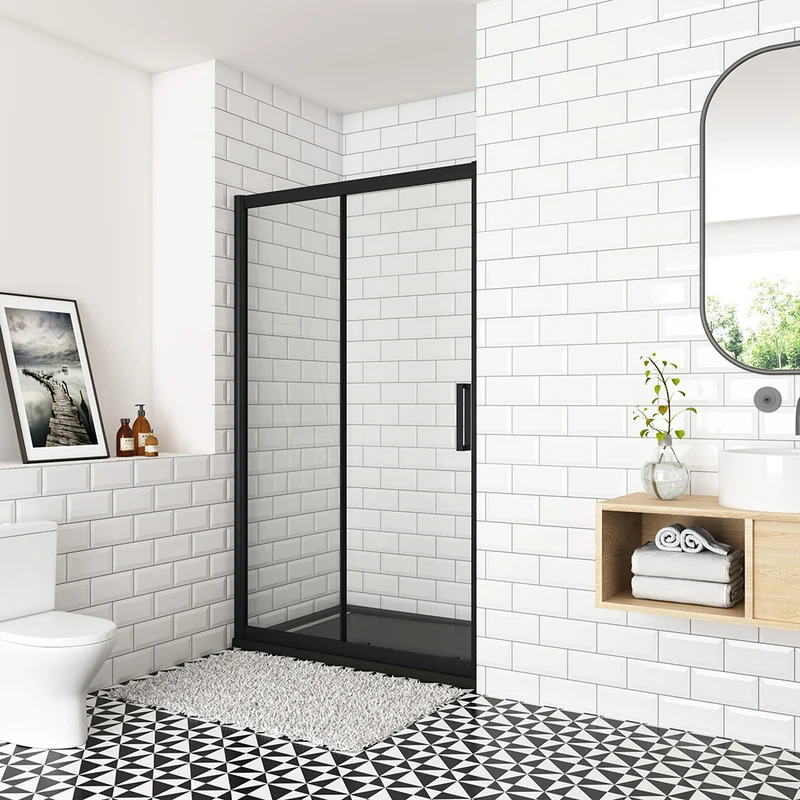 OCEAN porte de douche coulissante 100-160x195cm profilé noir mat en verre anticalcaire avec le système soft-close