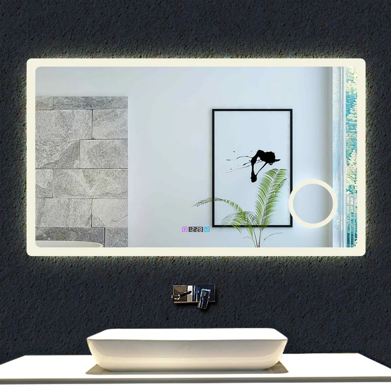 Ocean Miroir de salle de bain avec LED couleur et luminosité réglables + antibuée + Miroir grossissant + Horloge numérique