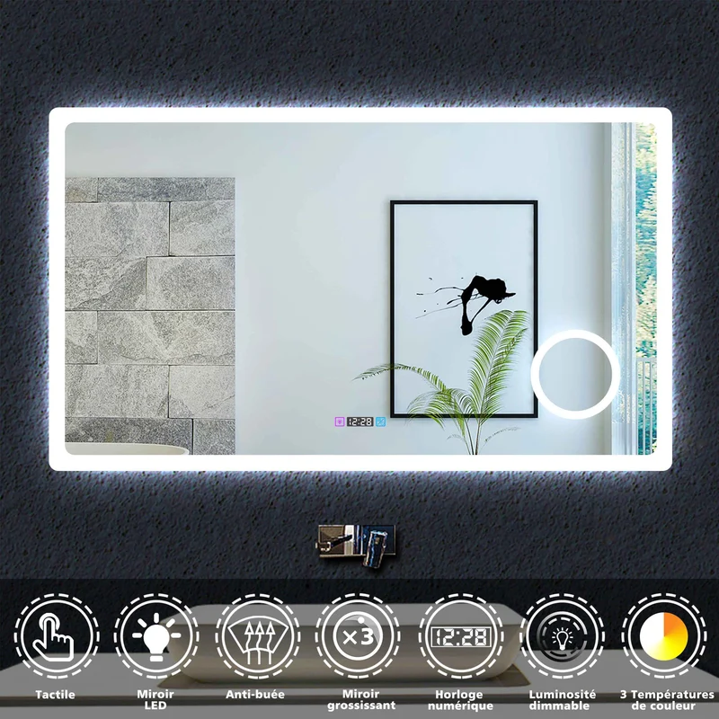 Ocean Miroir de salle de bain avec LED couleur et luminosité réglables + antibuée + Miroir grossissant + Horloge numérique