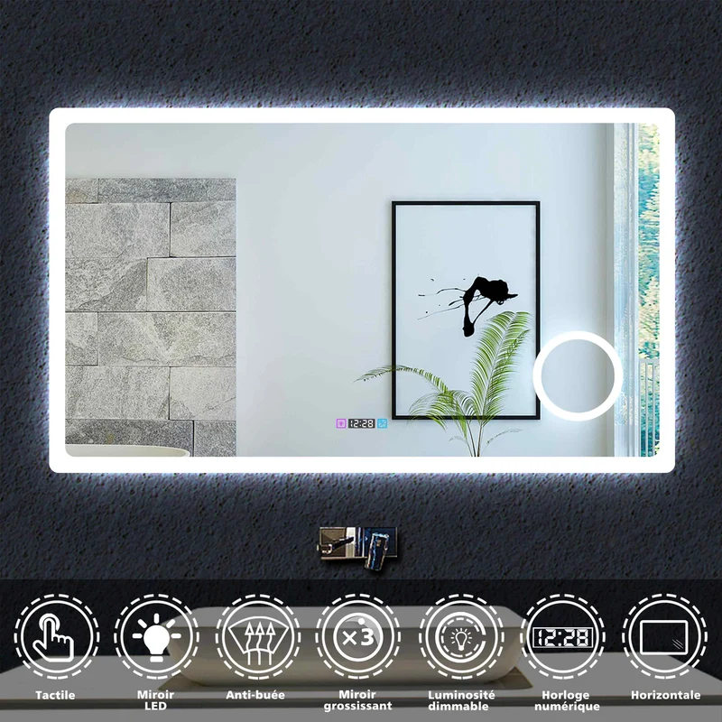 Ocean Miroir de salle de bain avec LED couleur et luminosité réglables + antibuée + Miroir grossissant + Horloge numérique
