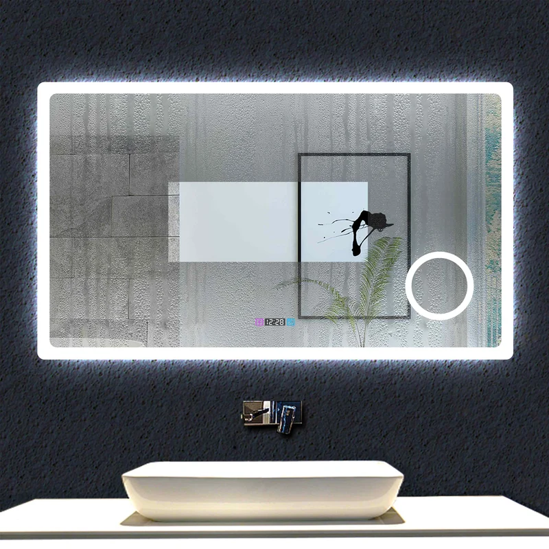 Ocean Miroir de salle de bain avec LED couleur et luminosité réglables + antibuée + Miroir grossissant + Horloge numérique
