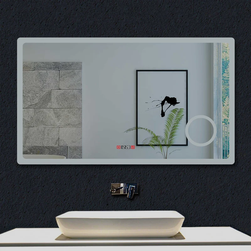 Ocean Miroir de salle de bain avec LED couleur et luminosité réglables + antibuée + Miroir grossissant + Horloge numérique