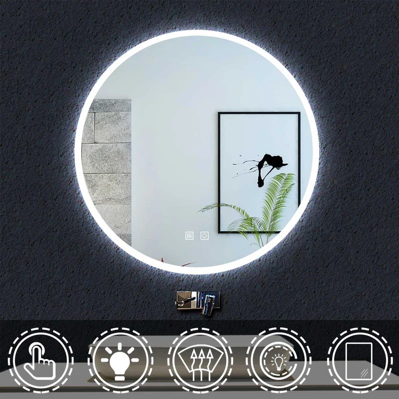 Ocean sanitaire Miroir de Salle de Bain avec Anti-buée + LED 2700K-6500K avec lumière et luminosité réglables Rond Ø60cm double interrupteur tactile