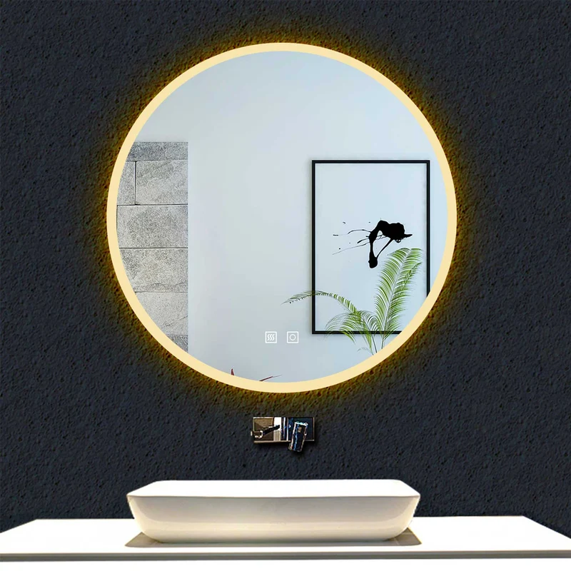 Ocean sanitaire Miroir de Salle de Bain avec Anti-buée + LED 2700K-6500K avec lumière et luminosité réglables Rond Ø60cm double interrupteur tactile