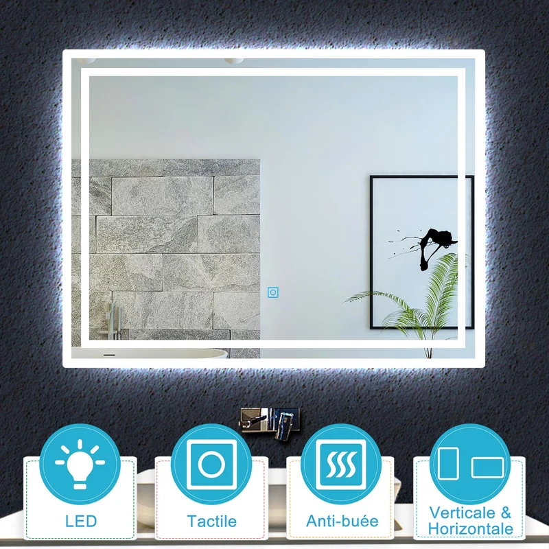 Miroir de salle de bain, commutateur tactile, avec fonction LED et anti-buée, Modèle double