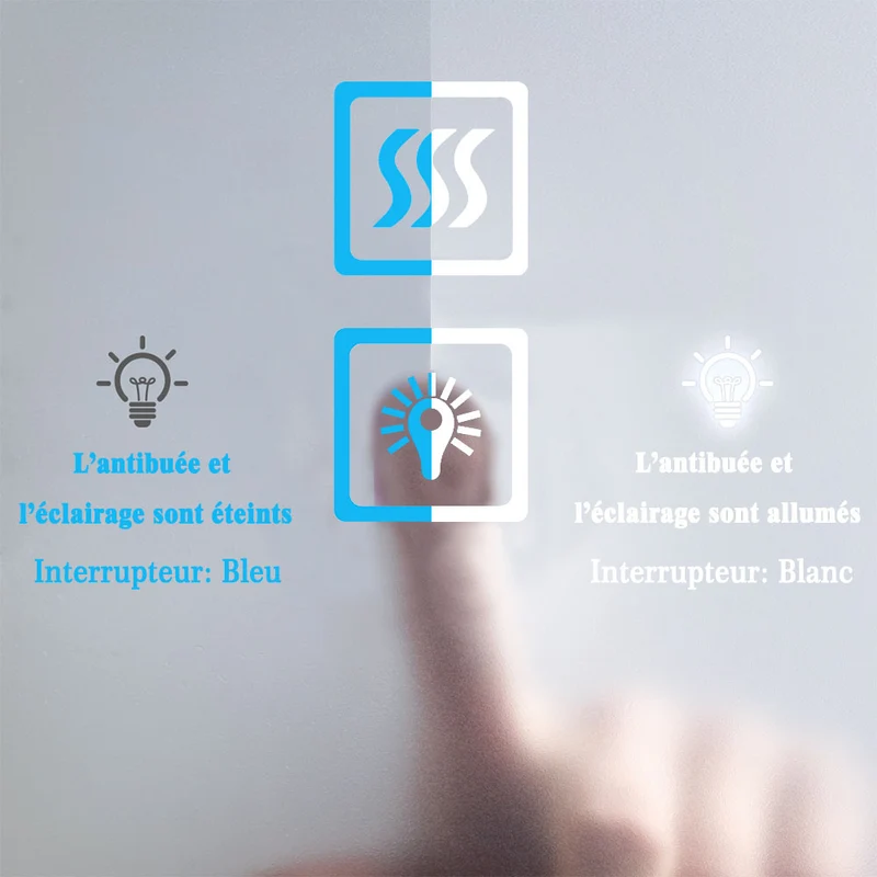 Miroir de salle de bain à 2 touches tactiles, avec fonction LED et anti-buée, modèle Standard
