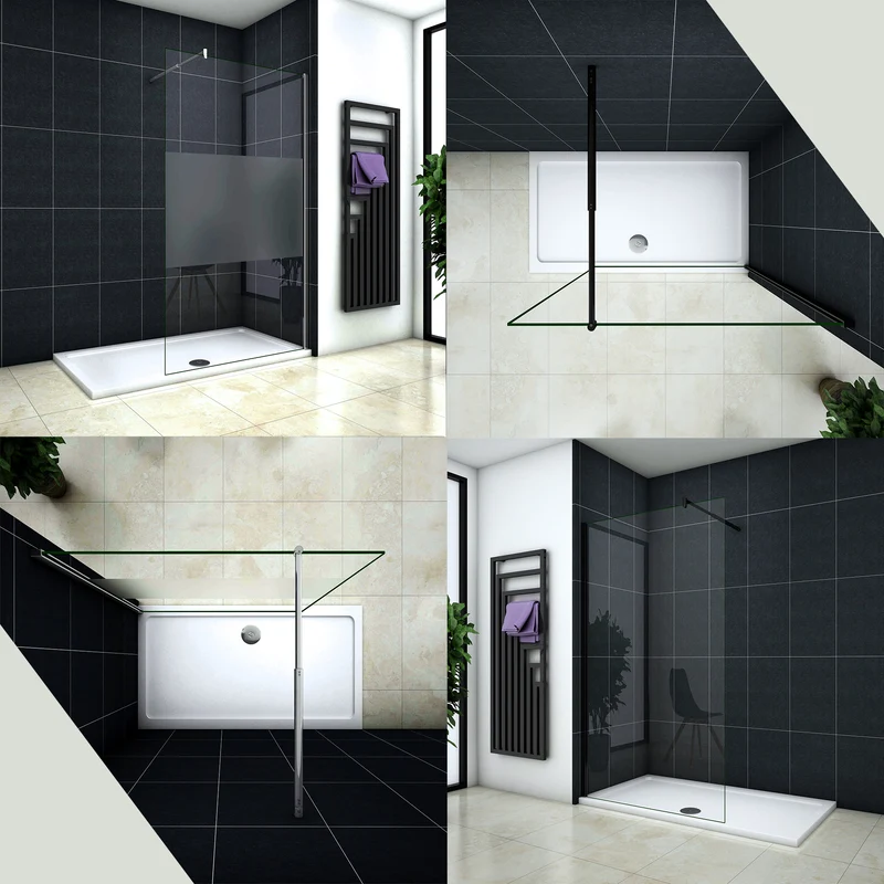 Paroi de douche Chromé / Noire en 8mm verre avec vitrification nano(anticalcaire) livrée avec une barre extensible 70-120cm