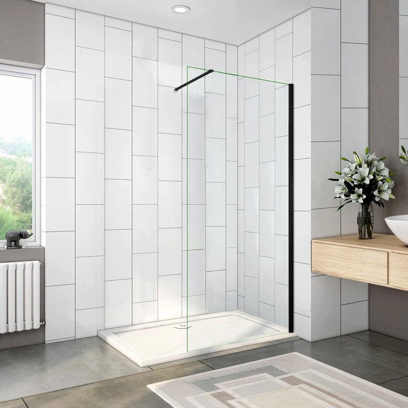 Paroi de douche Chromé / Noire en 8mm verre avec vitrification nano(anticalcaire) livrée avec une barre standard 90cm