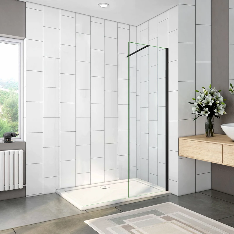 Paroi de douche Chromé / Noire en 8mm verre avec vitrification nano(anticalcaire) livrée avec une barre standard 90cm