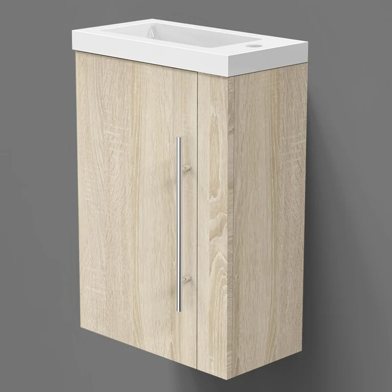 Meuble de salle de bain, meuble sous vasque à suspendre, meuble de rangement MDF 45cm, livrée avec vasque Blanc / Bois clair