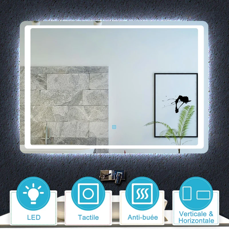 Miroir de salle de bain, commutateur tactile, avec fonction LED et anti-buée, Modèle standard