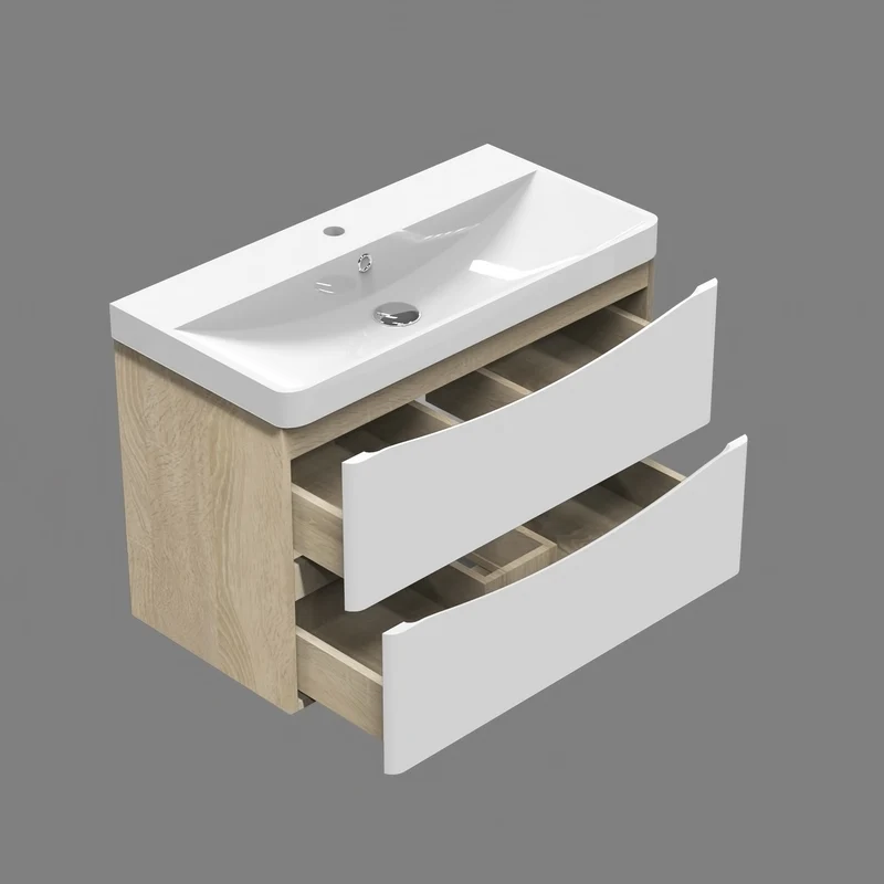 Meuble de salle de bain, sous vasque à suspendre, meuble de rangement MDF à tiroirs avec vasque intégrée, poignée incorporée Blanc et Bois clair 50cm 60cm 80cm