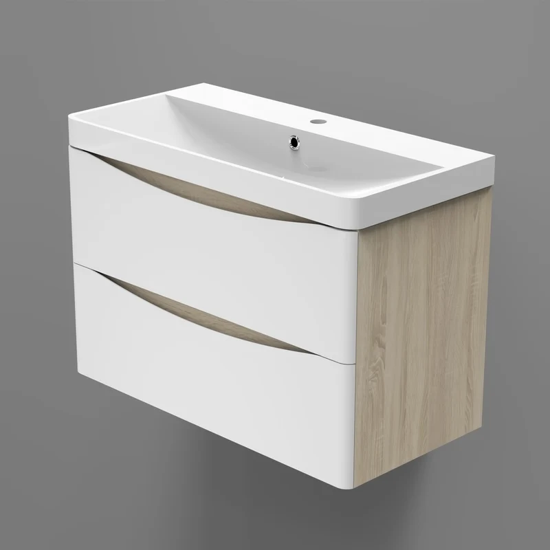 Meuble de salle de bain, sous vasque à suspendre, meuble de rangement MDF à tiroirs avec vasque intégrée, poignée incorporée Blanc et Bois clair 50cm 60cm 80cm