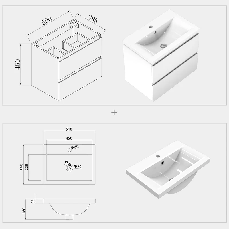 Meuble de salle de bain, sous vasque à suspendre, meuble de rangement MDF à tiroirs avec vasque intégrée, poignée incorporée 50cm 60cm
