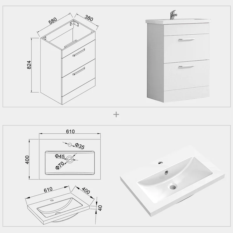 Meuble de salle de bain, sous vasque à poser, meuble de rangement MDF à 2 portes battantes/tiroirs 58cm, avec vasque intégrée