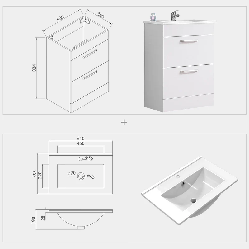 Meuble de salle de bain, sous vasque à poser, meuble de rangement MDF à 2 portes battantes/tiroirs 58cm, avec vasque intégrée