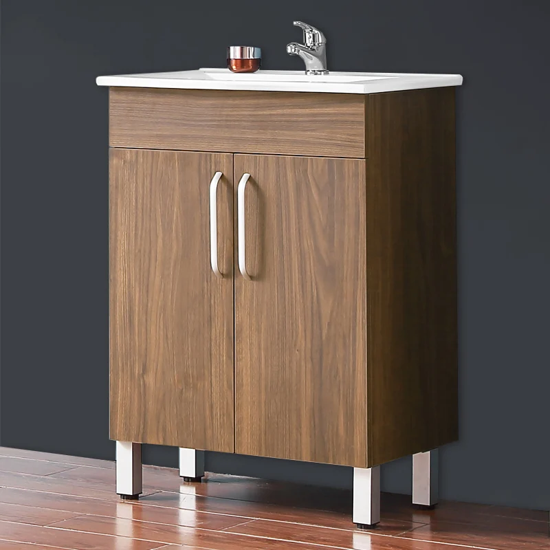 Meuble de salle de bain, sous vasque sur pieds, meuble de rangement MDF 60cm, avec plan vasque intégré Blanc / Marron noix