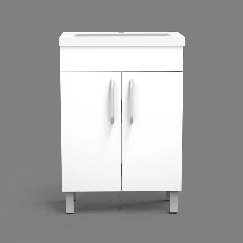 Meuble de salle de bain, sous vasque sur pieds, meuble de rangement MDF 60cm, avec plan vasque intégré Blanc / Marron noix