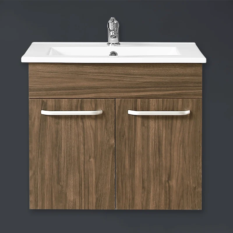 Meuble de salle de bain, sous vasque à suspendre, meuble de rangement MDF à 2 portes battantes 60cm, avec plan vasque intégré Blanc / Marron noix