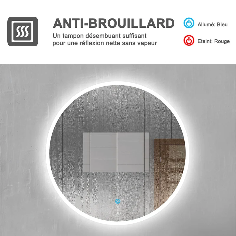 Miroir de salle de bain, commutateur tactile, avec fonction LED et anti-buée // Rond