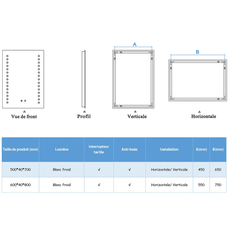 Miroir de salle de bain à 2 touches tactiles, avec fonction LED et anti-buée, Modèle multipoints