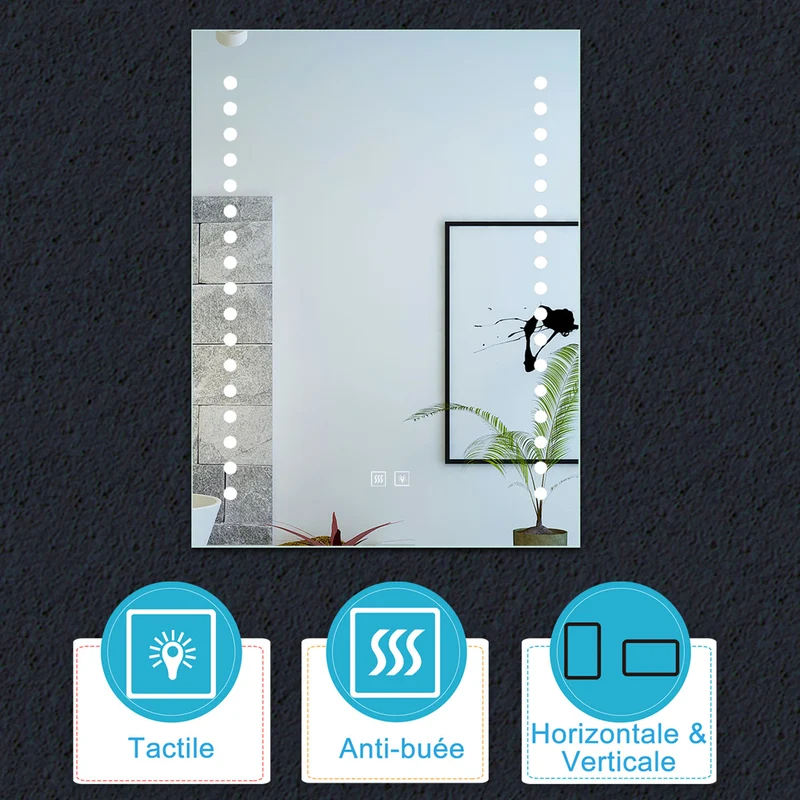 Miroir de salle de bain à 2 touches tactiles, avec fonction LED et anti-buée