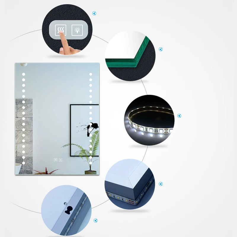 Miroir de salle de bain à 2 touches tactiles, avec fonction LED et anti-buée