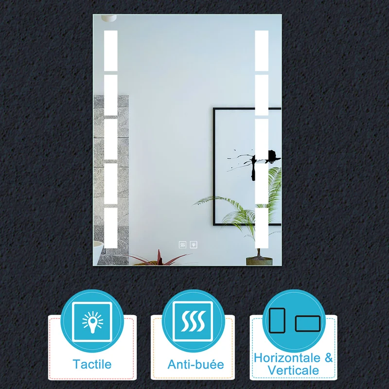 Miroir de salle de bain à 2 touches tactiles, avec fonction LED et anti-buée