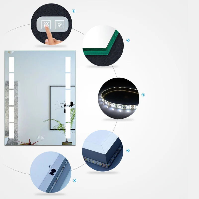Miroir de salle de bain à 2 touches tactiles, avec fonction LED et anti-buée