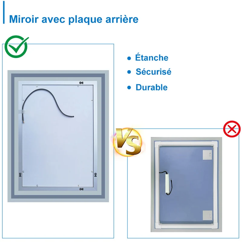 Miroir de salle de bain à 2 touches tactiles, avec fonction LED et anti-buée