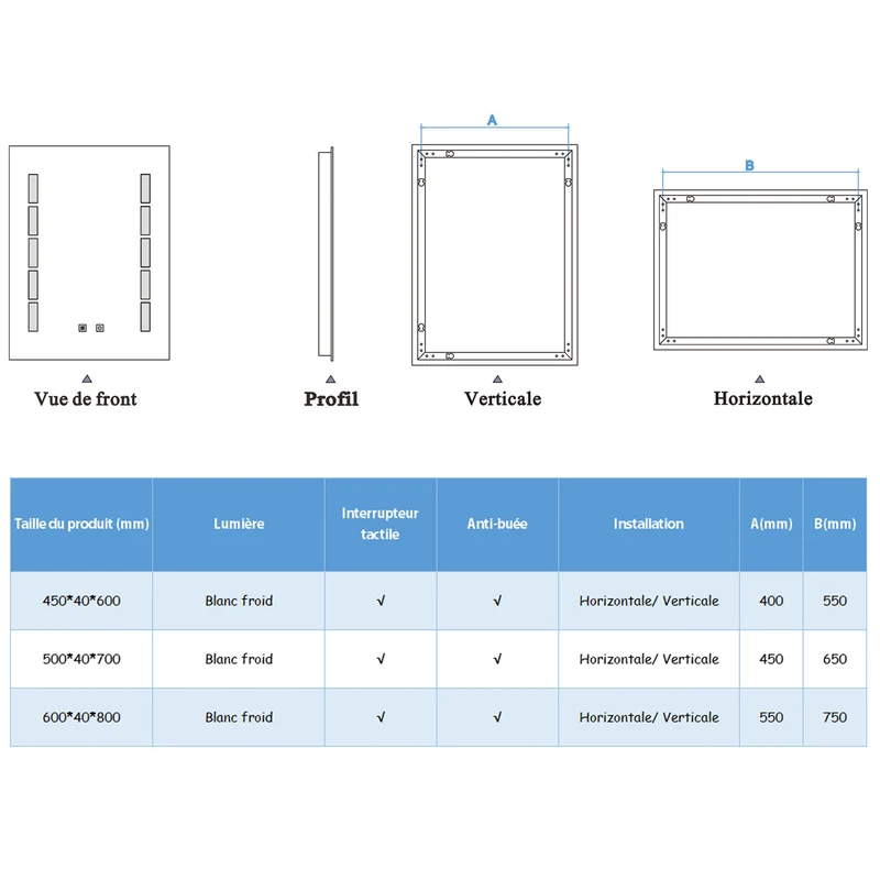 Miroir de salle de bain à 2 touches tactiles, avec fonction LED et anti-buée