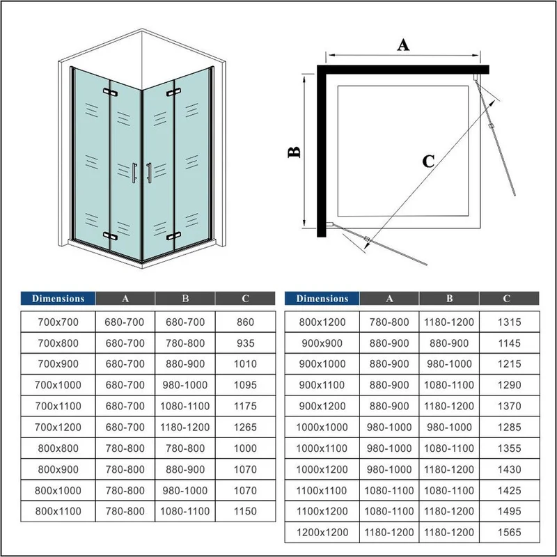 Océan Cabine de douche hauteur 185cm en verre anti-calcaire 2 portes de douche