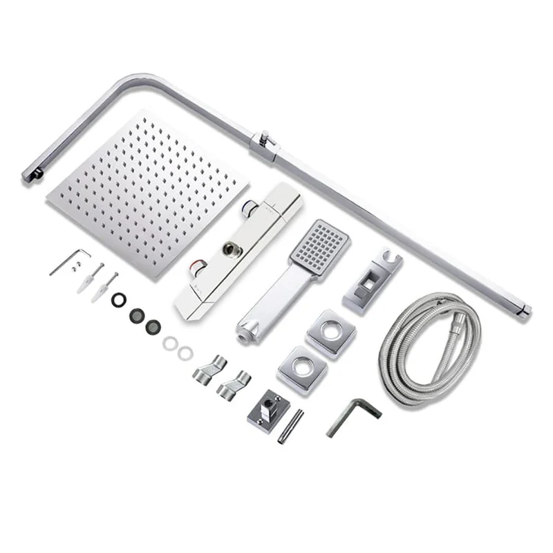 Colonne de douche thermostatique, ensemble de douche 2 fonctions, chromé avec pomme de douche 250 mm, hauteur réglable 76-118 cm