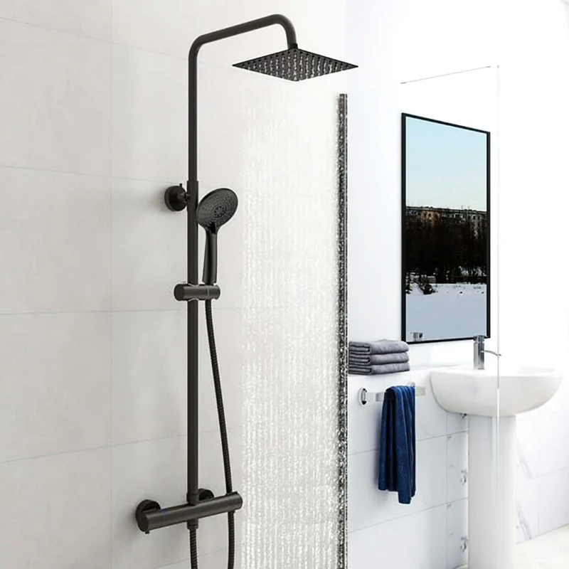 Ensemble de douche thermostatique Colonne de douche carrée noire avec mitigeur thermostatique et douchette ronde