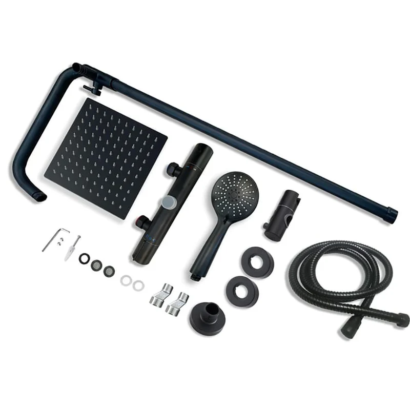 Ensemble de douche thermostatique Colonne de douche carrée noire avec mitigeur thermostatique et douchette ronde